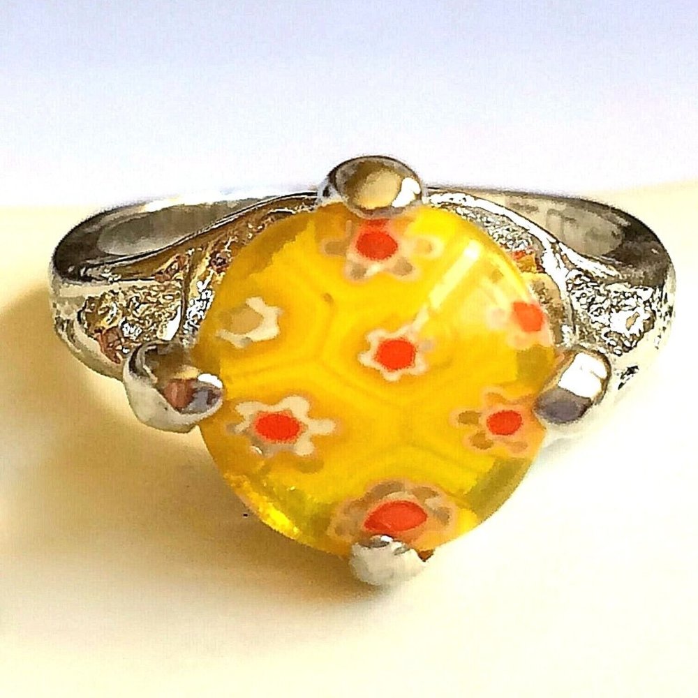 Yellow Murano Art Glass Cocktail Ring Size 6 8 Millefiori Flowers Silver Plated